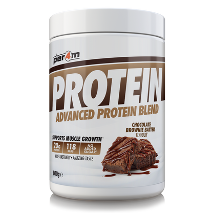 A white plastic tub of Per4m Protein Advanced Protein Blend in Chocolate Brownie Batter flavour, featuring a white and brown label with a brownie graphic.