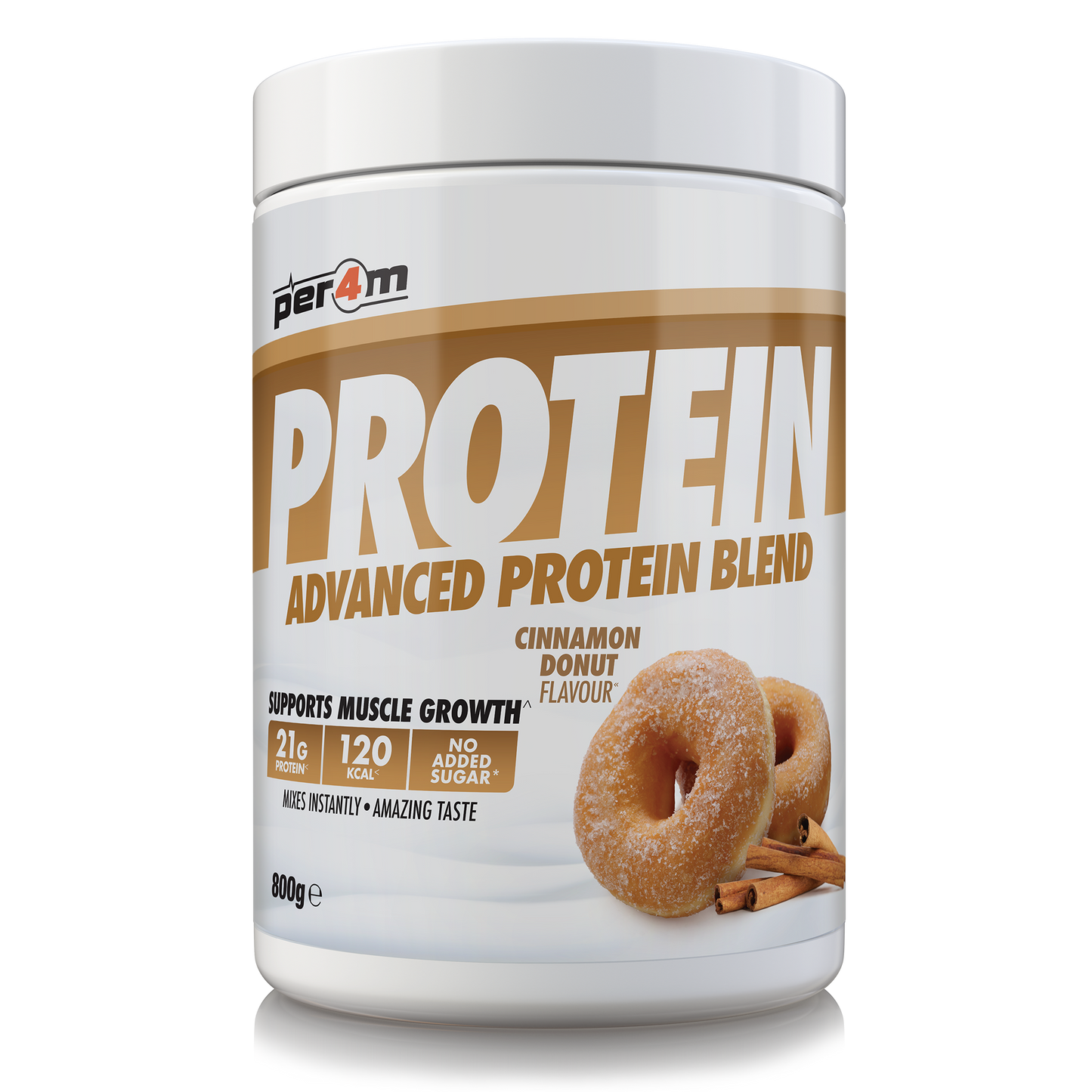 A white plastic tub of Per4m Protein Advanced Protein Blend in Cinnamon Donut Flavour, featuring a label with brown and gold graphics and an image of cinnamon donuts.