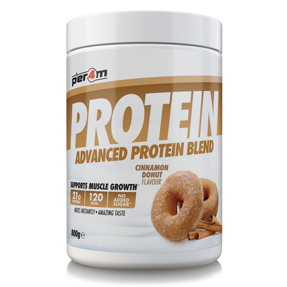 A white plastic tub of Per4m Protein Advanced Protein Blend in Cinnamon Donut Flavour, featuring a label with brown and gold graphics and an image of cinnamon donuts.