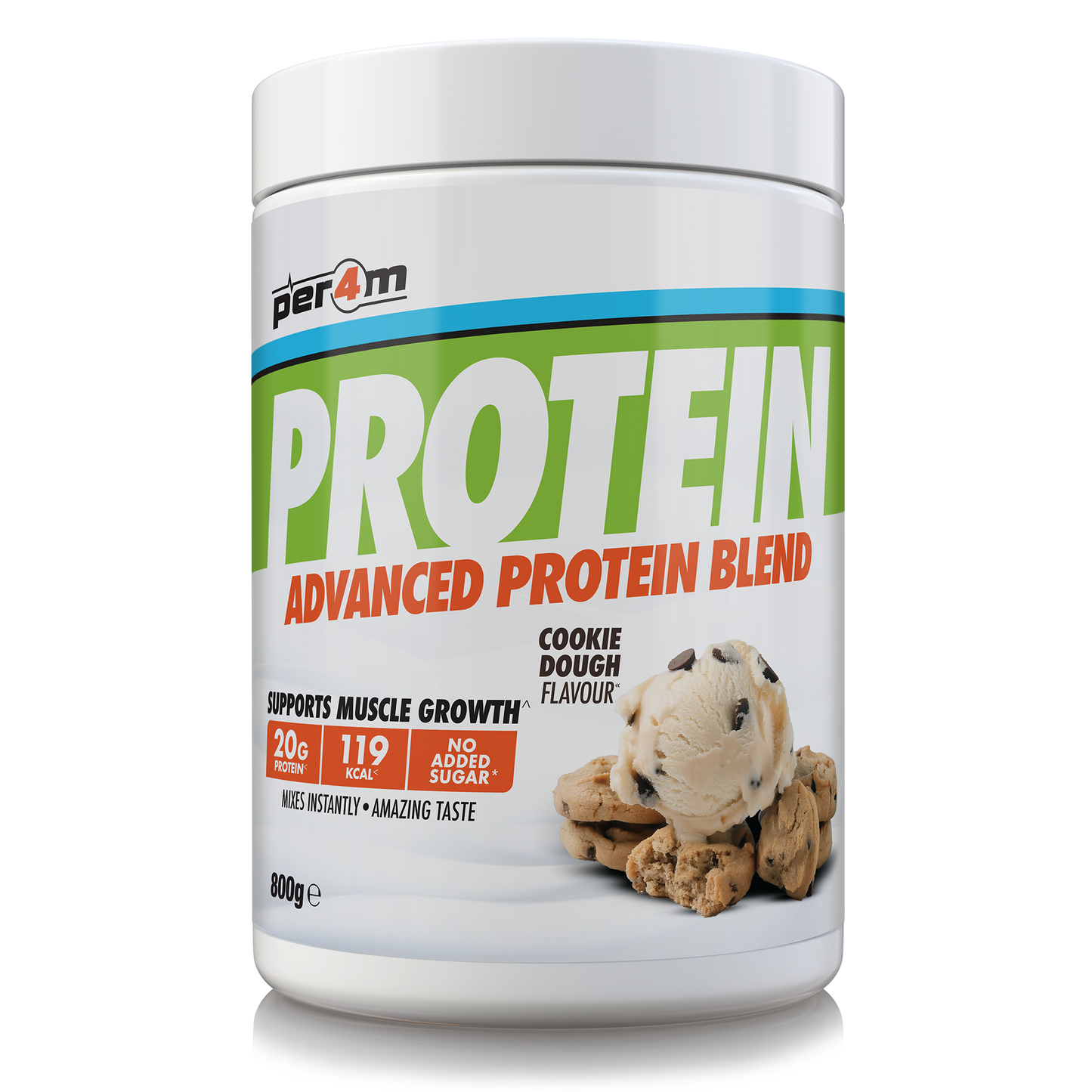 A white plastic tub of Per4m Protein Advanced Protein Blend in Cookie Dough Flavour, featuring a white label with green and orange text and a cookie dough scoop graphic.