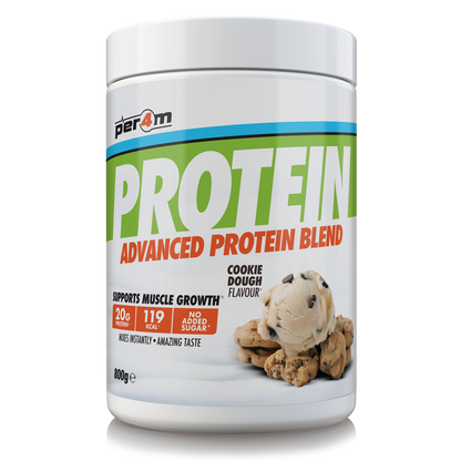 A white plastic tub of Per4m Protein Advanced Protein Blend in Cookie Dough Flavour, featuring a white label with green and orange text and a cookie dough scoop graphic.