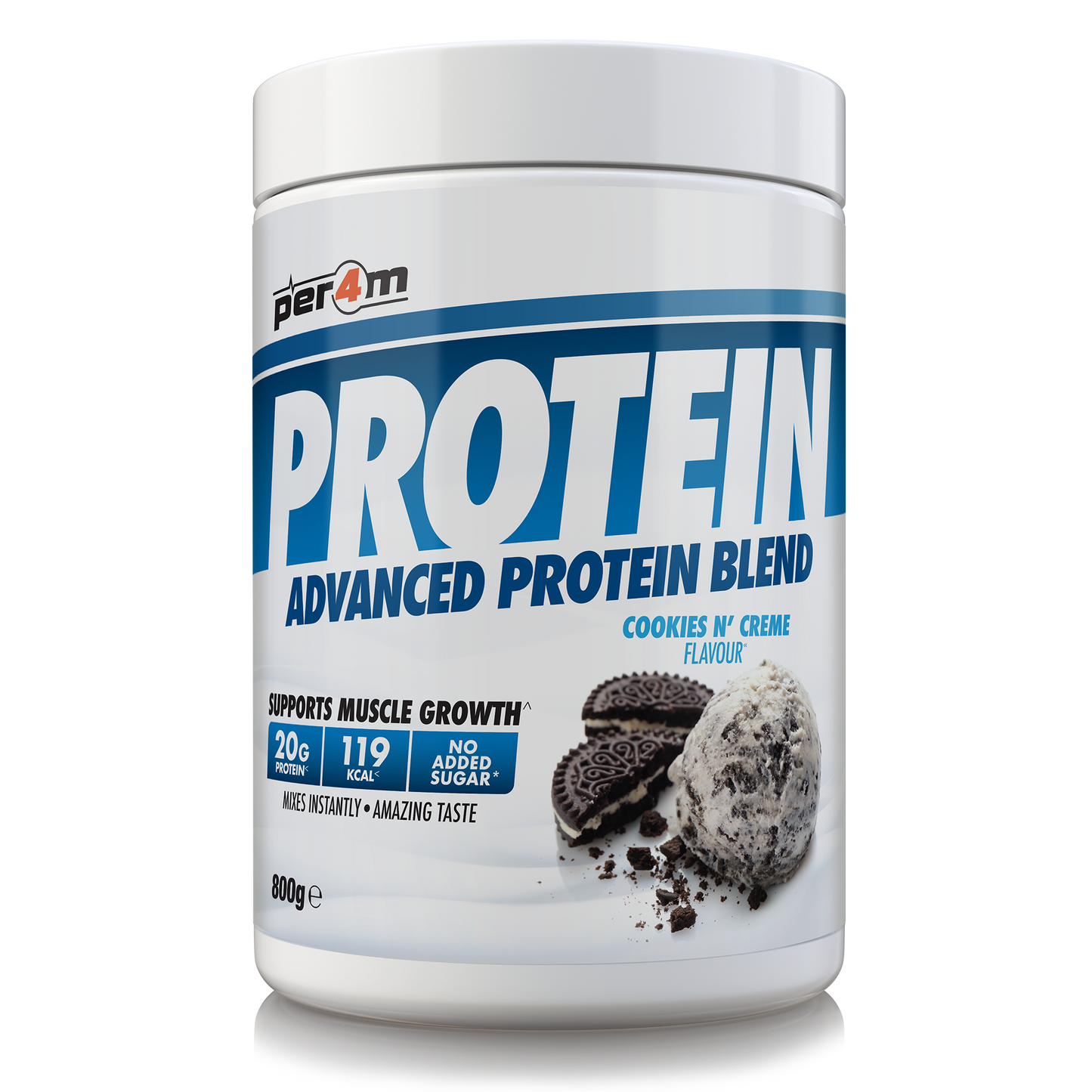 A white plastic tub of Per4m Protein Advanced Protein Blend in Cookies N' Creme flavor, featuring blue and white label graphics with cookie imagery, on a white background.
