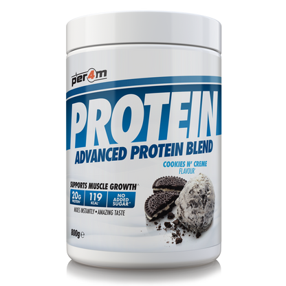 A white plastic tub of Per4m Protein Advanced Protein Blend in Cookies N' Creme flavor, featuring blue and white label graphics with cookie imagery, on a white background.