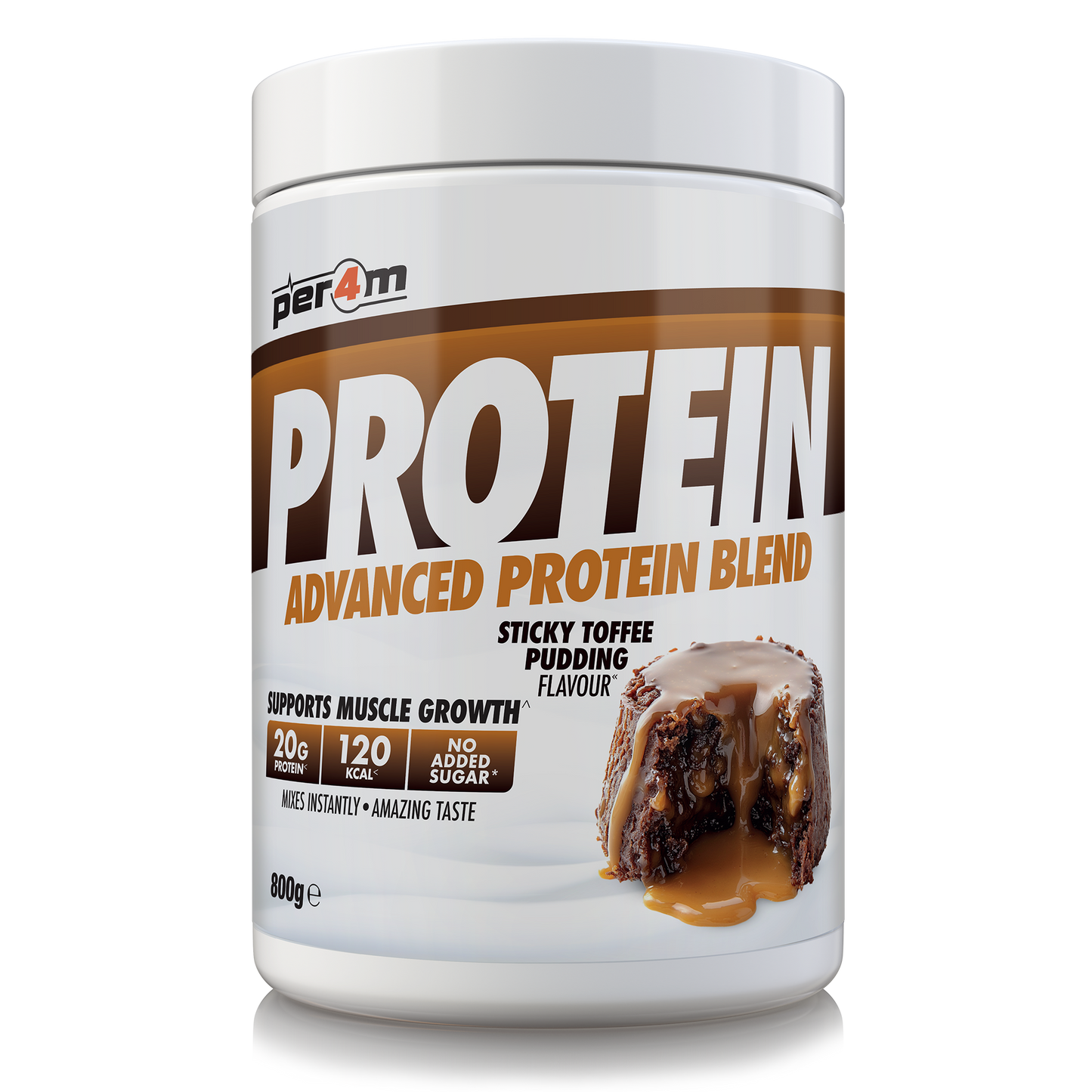 A white plastic tub of Per4m Protein Advanced Protein Blend in Sticky Toffee Pudding Flavour, featuring a brown and white label with a chocolate-toffee dessert image.