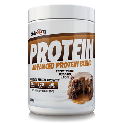 A white plastic tub of Per4m Protein Advanced Protein Blend in Sticky Toffee Pudding Flavour, featuring a brown and white label with a chocolate-toffee dessert image.