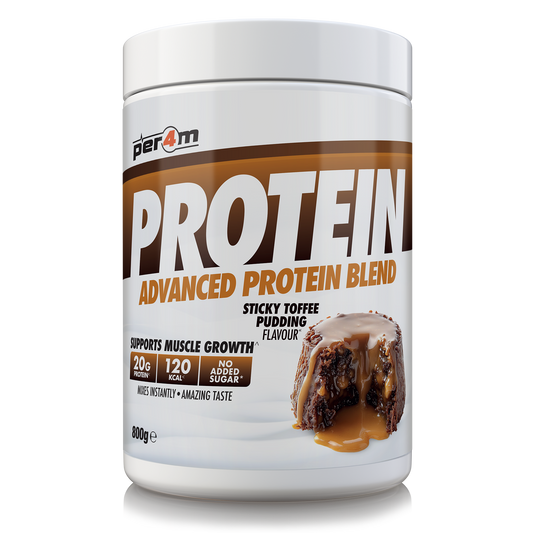 A white plastic tub of Per4m Protein Advanced Protein Blend in Sticky Toffee Pudding Flavour, featuring a brown and white label with a chocolate-toffee dessert image.