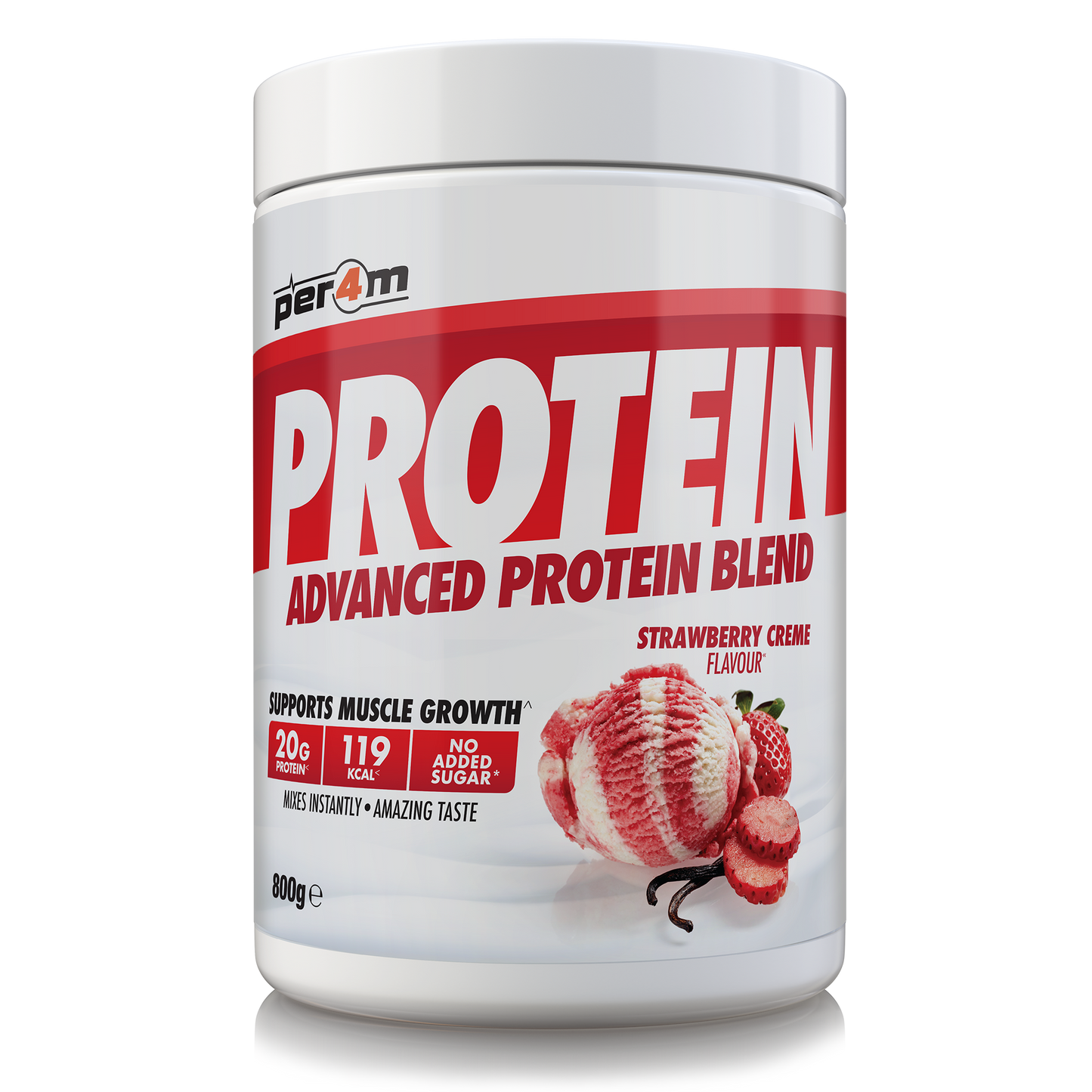 A white plastic tub of Per4m Protein Advanced Protein Blend in Strawberry Creme flavor, featuring a white lid and a label with bold red and white text and a strawberry graphic.