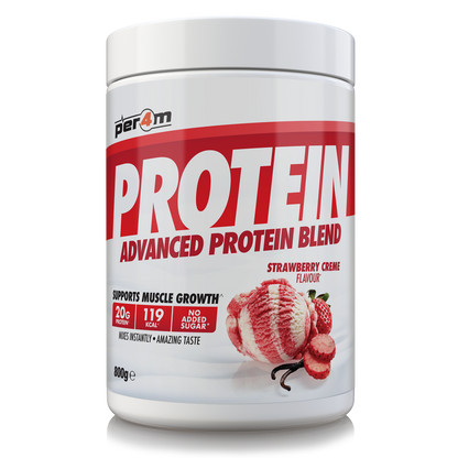 A white plastic tub of Per4m Protein Advanced Protein Blend in Strawberry Creme flavor, featuring a white lid and a label with bold red and white text and a strawberry graphic.