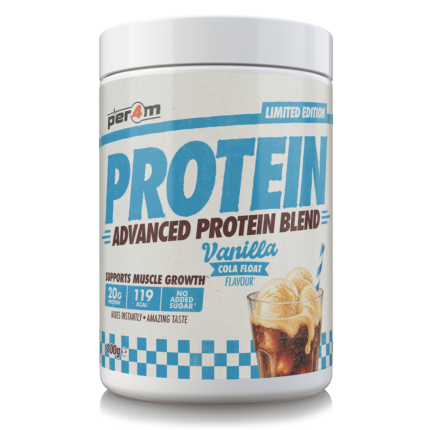 A white tub of Per4m Protein Advanced Protein Blend Vanilla Cola Float Flavour, featuring a blue and white label with a graphic of an iced cola float.