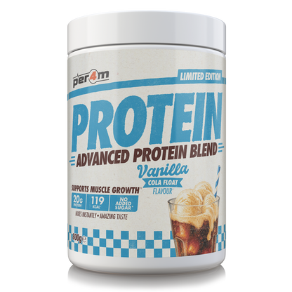 A white tub of Per4m Protein Advanced Protein Blend Vanilla Cola Float Flavour, featuring a blue and white label with a graphic of an iced cola float.