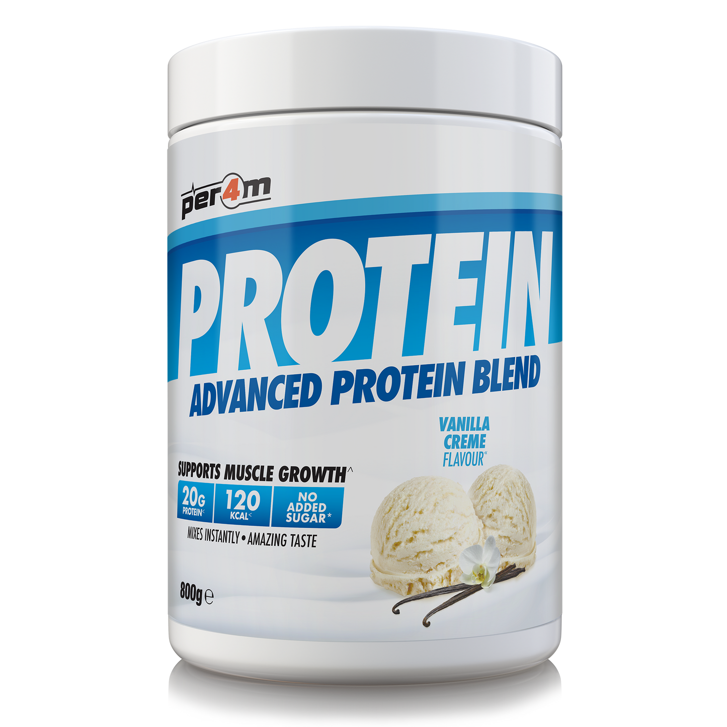 A white plastic tub of Per4m Protein Advanced Protein Blend in Vanilla Creme Flavour, featuring a blue and white label with vanilla ice cream imagery.