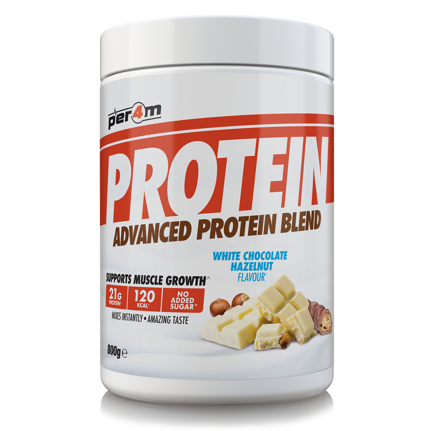 A white tub of Per4m Protein Advanced Protein Blend in White Chocolate Hazelnut Flavour, featuring a white lid and a label with bold red and brown lettering, set against a plain white background.