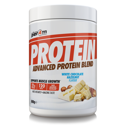 A white tub of Per4m Protein Advanced Protein Blend in White Chocolate Hazelnut Flavour, featuring a white lid and a label with bold red and brown lettering, set against a plain white background.