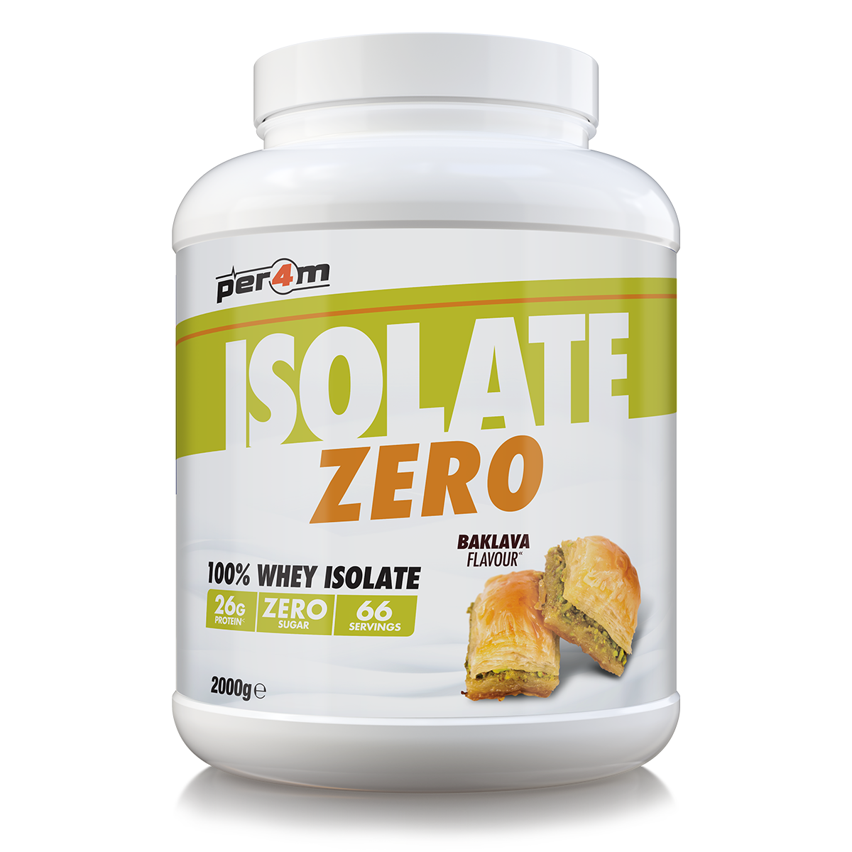 PER4M Baklava Whey Isolate Protein Powder 2kg tub with gold and white packaging, highlighting the dessert-inspired baklava flavour.