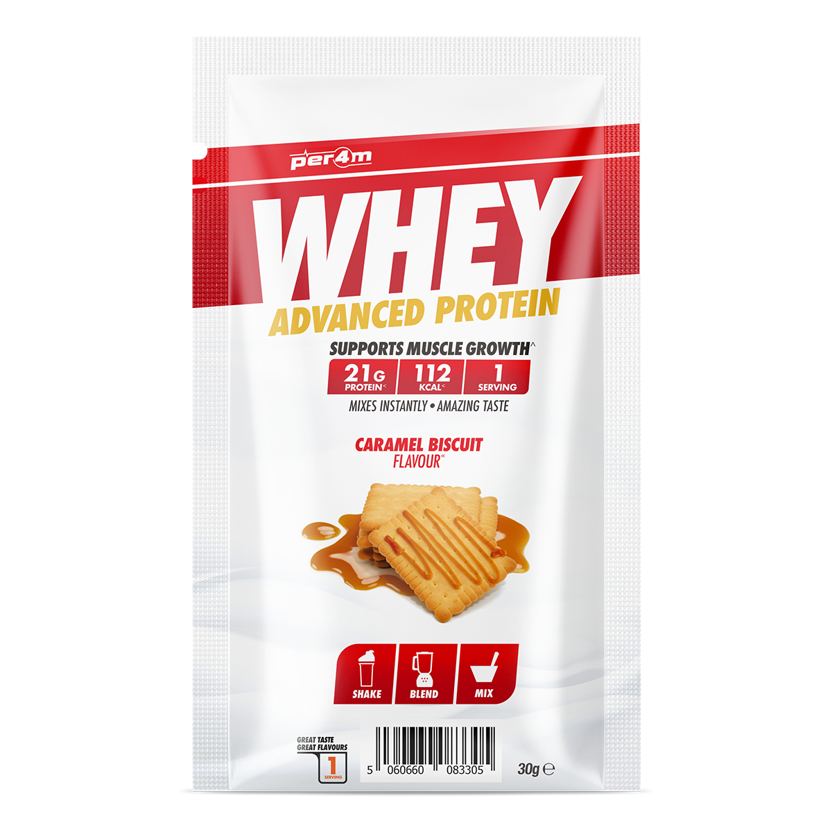 30g sample sachet of Per4m Caramel Biscuit Whey Protein