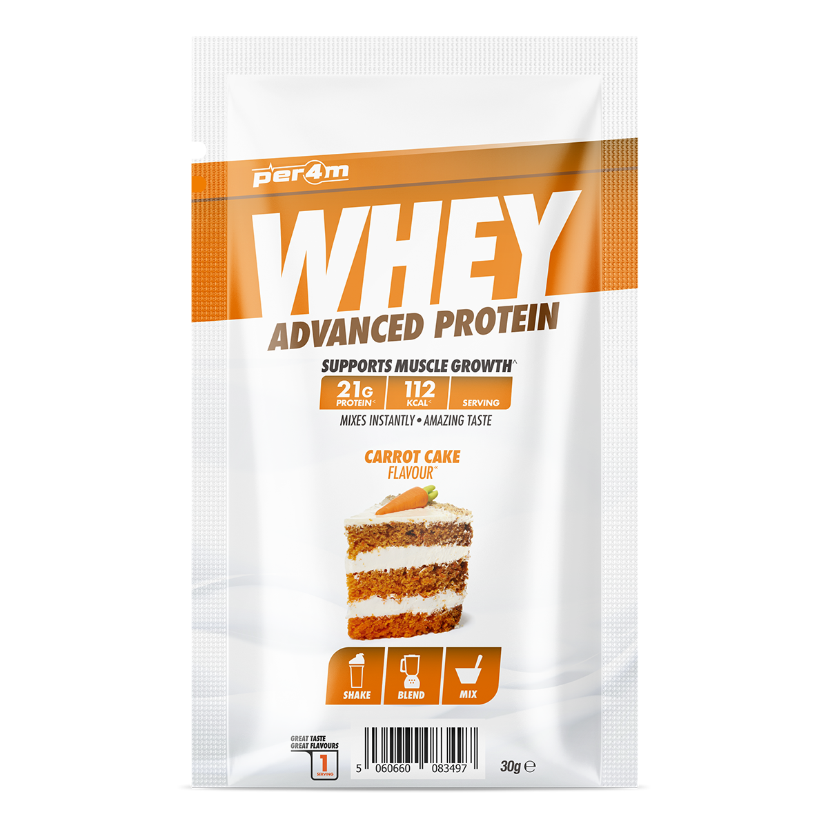 30g sample sachet of Per4m Carrot Cake Whey Protein