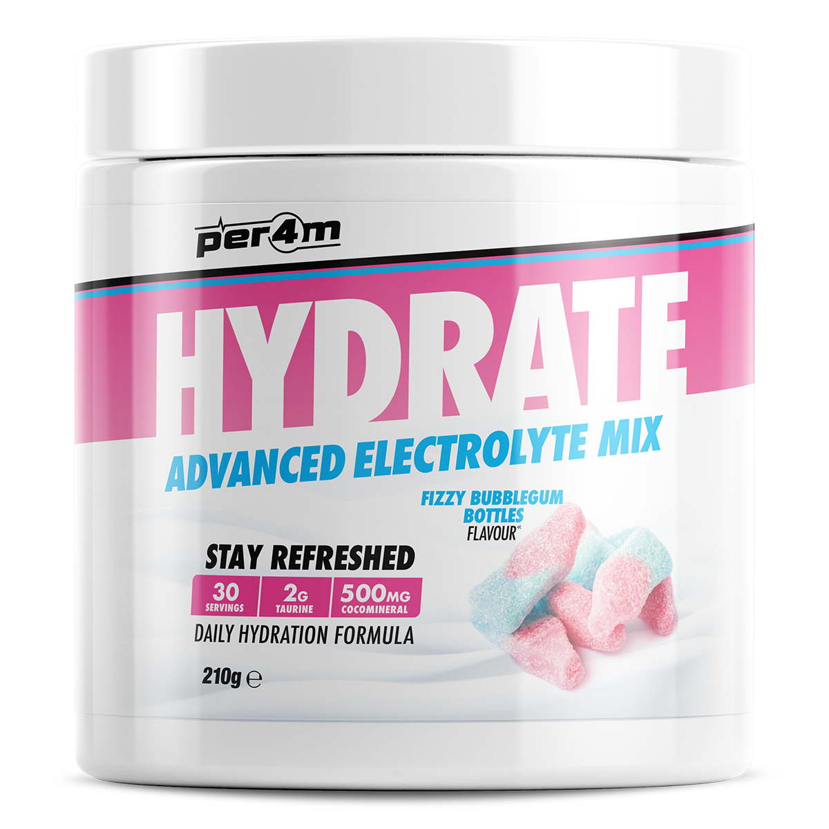 Tub of Fizzy Bubblegum Bottles Per4m Hydrate Advanced Electrolyte Mix