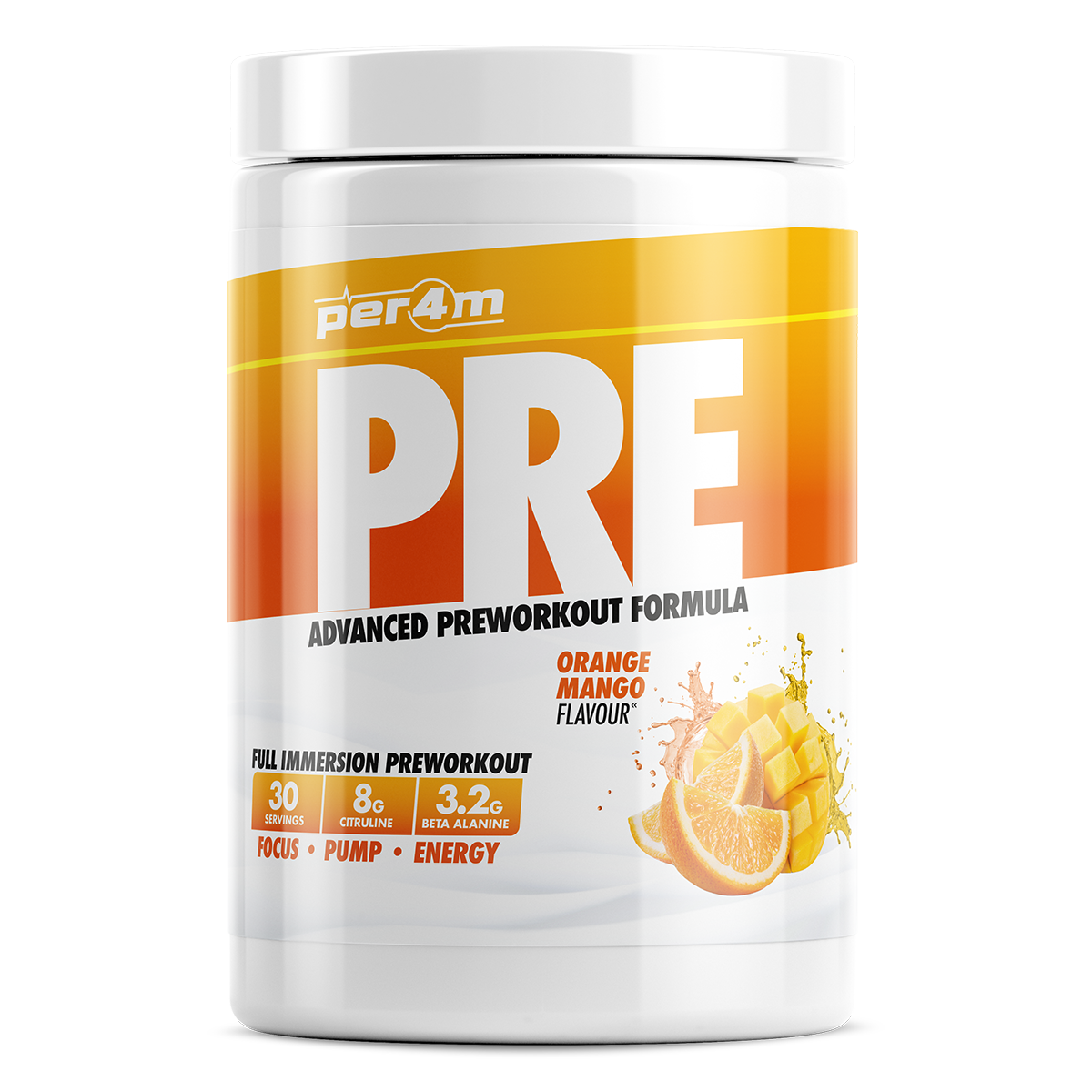 Tub of Orange Mango Per4m Pre Workout