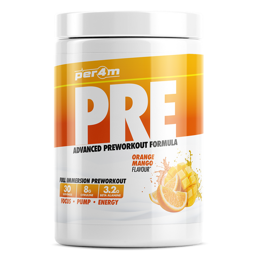 Tub of Orange Mango Per4m Pre Workout