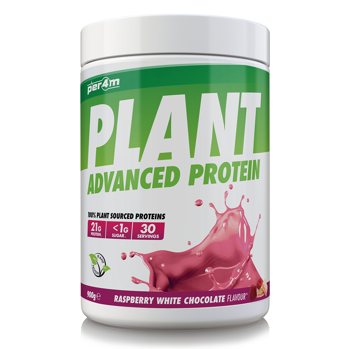 900g tub of Raspberry White Chocolate Per4m Plant Advanced Protein