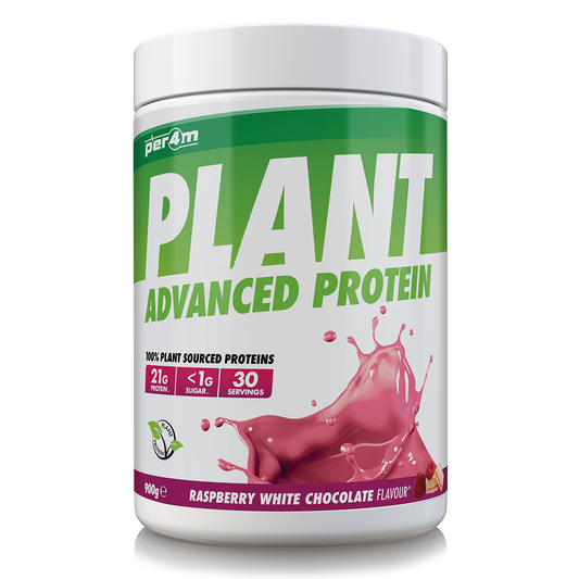 900g tub of Raspberry White Chocolate Per4m Plant Advanced Protein