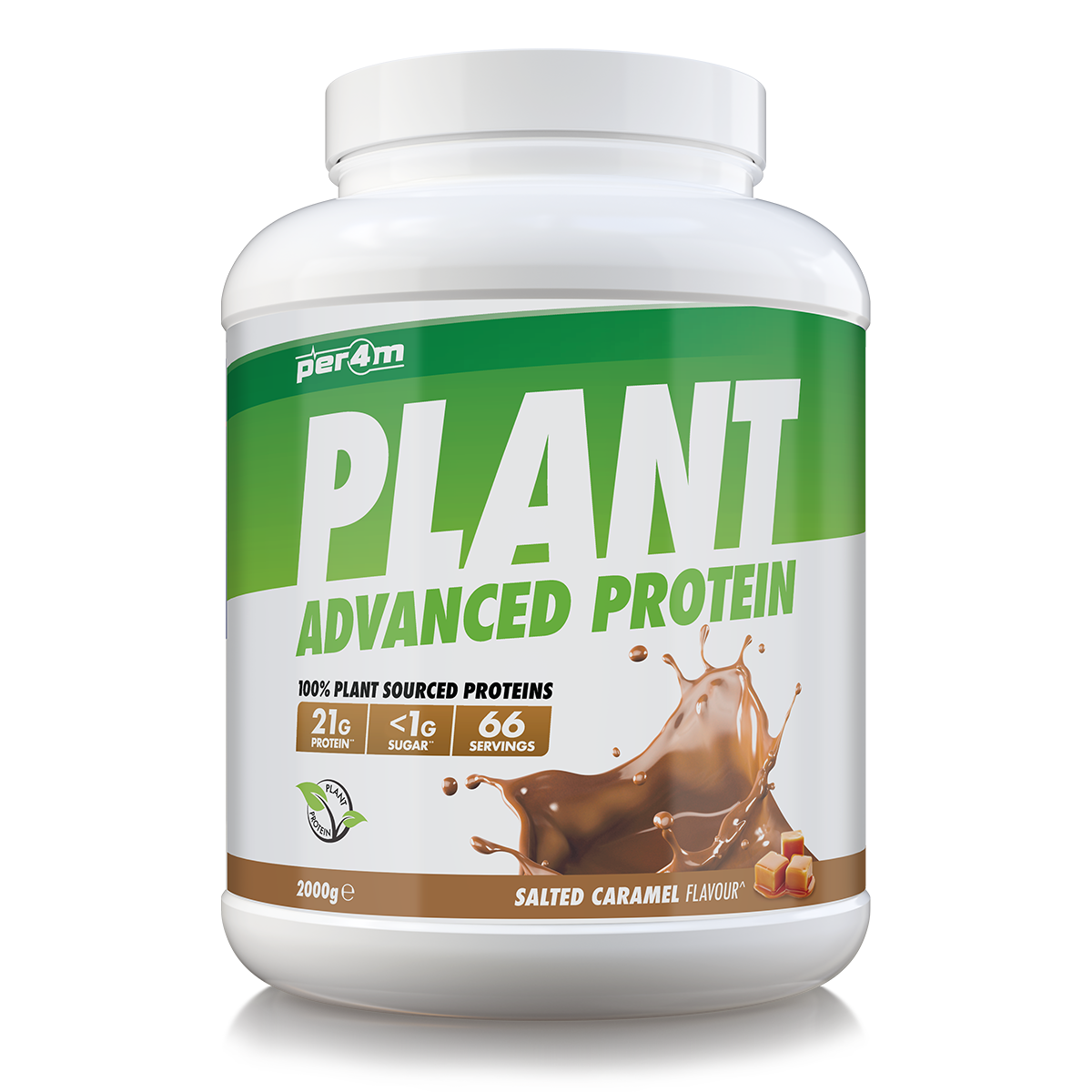 2kg tub of Salted Caramel Per4m Plant Advanced Protein