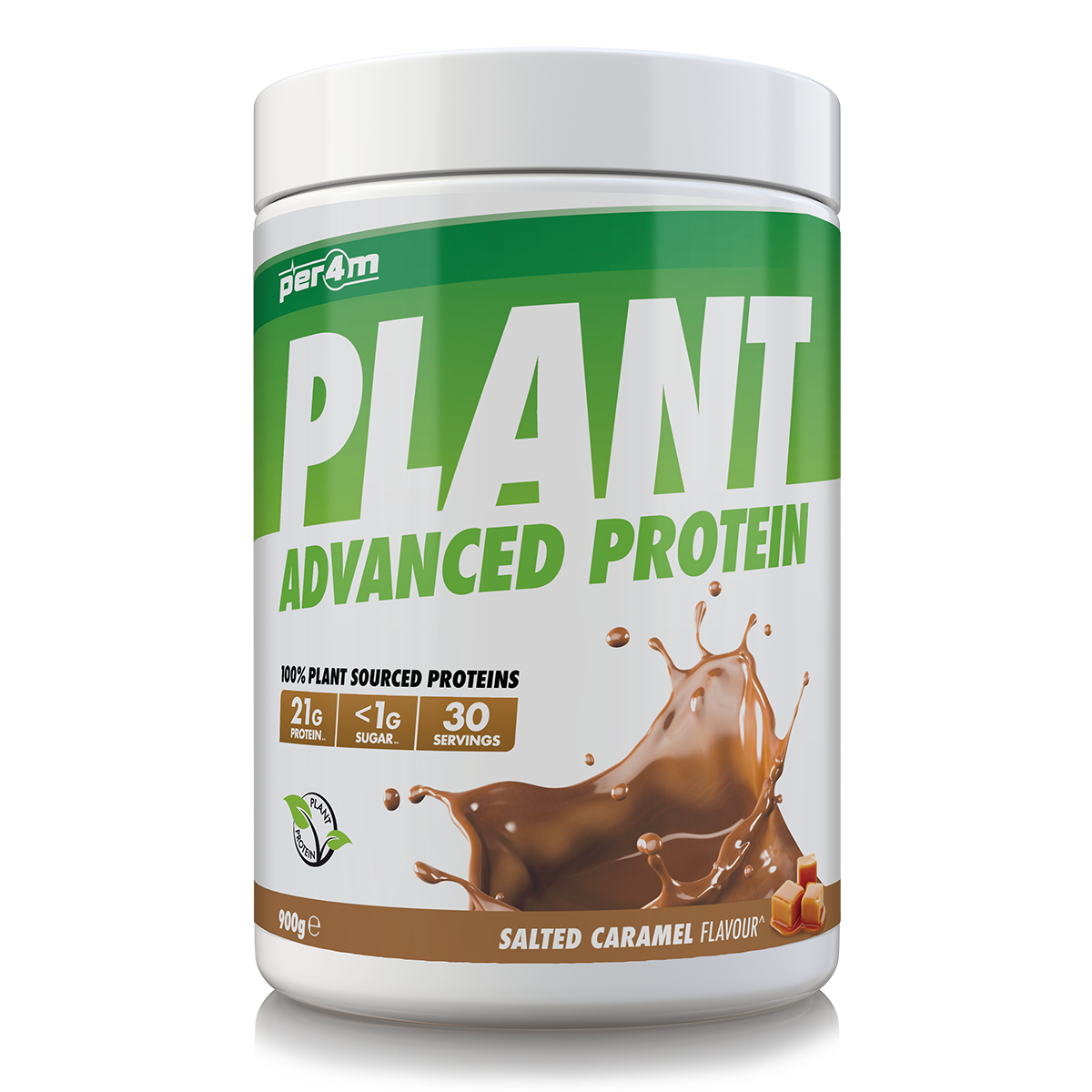 900g tub of Salted Caramel Per4m Plant Advanced Protein