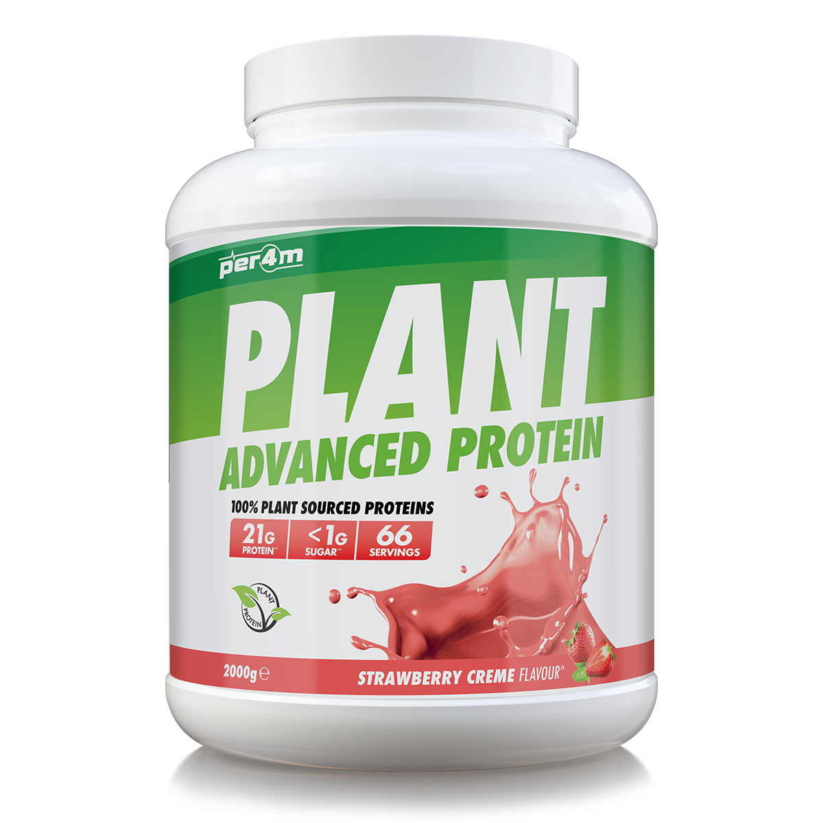 2kg tub of Strawberry Creme Per4m Plant Advanced Protein