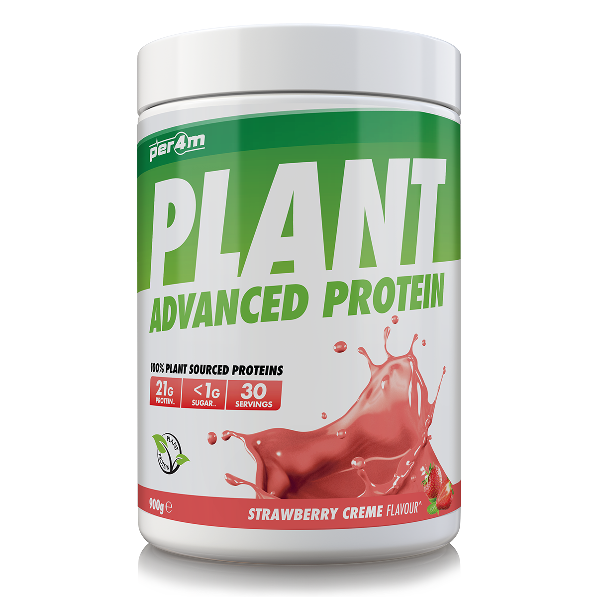 900g tub of Strawberry Creme Per4m Plant Advanced Protein