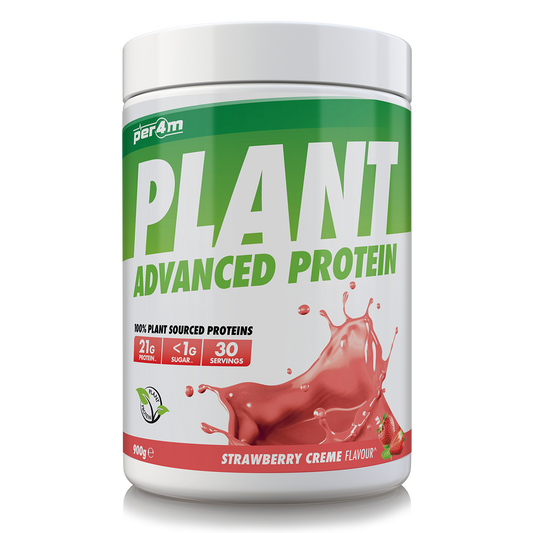 900g tub of Strawberry Creme Per4m Plant Advanced Protein