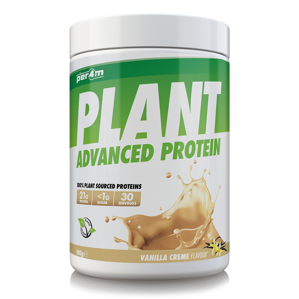 900g tub of Vanilla Creme Per4m Plant Advanced Protein